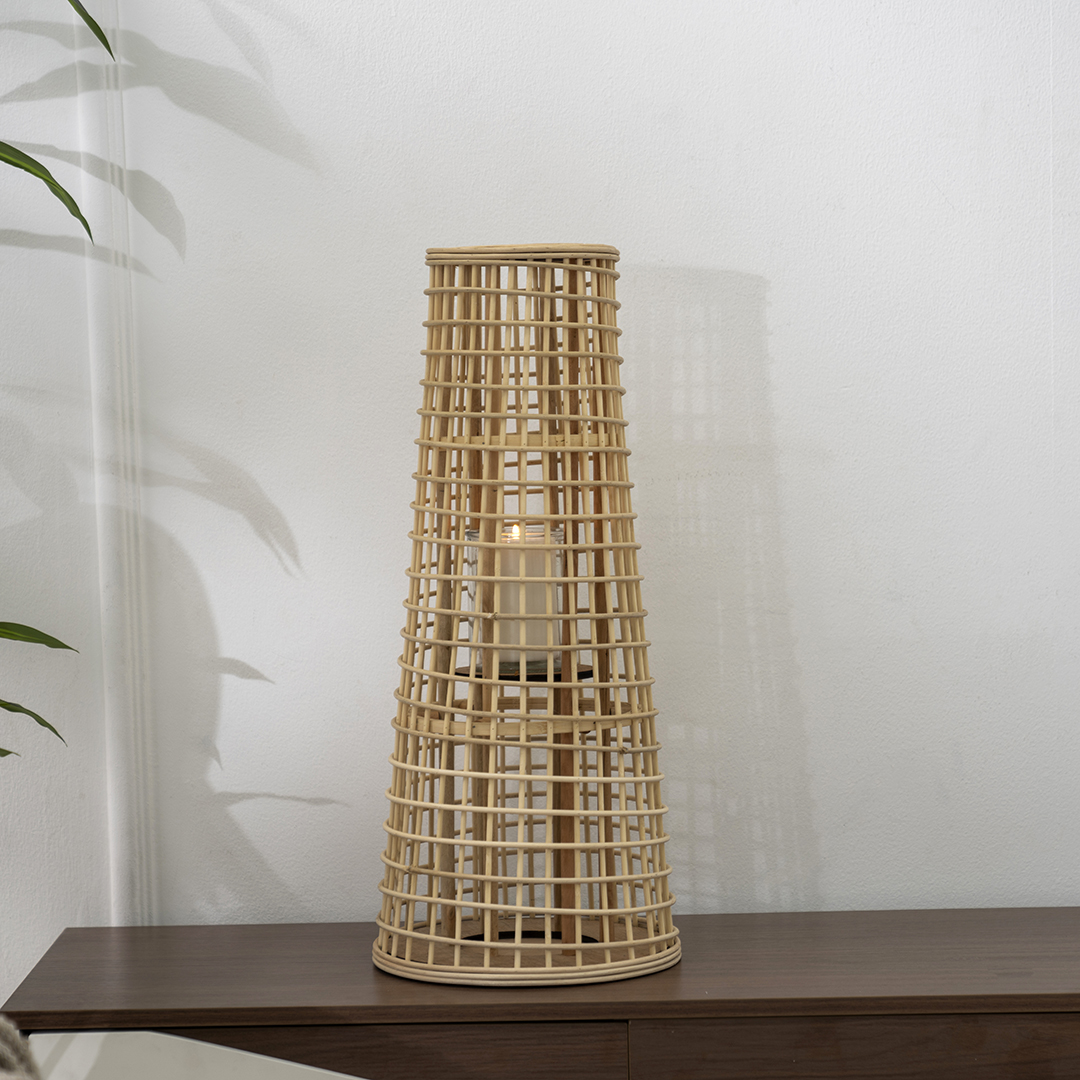 Lorenz rattan bamboo lantern with glass votive 16.5x27x62cm