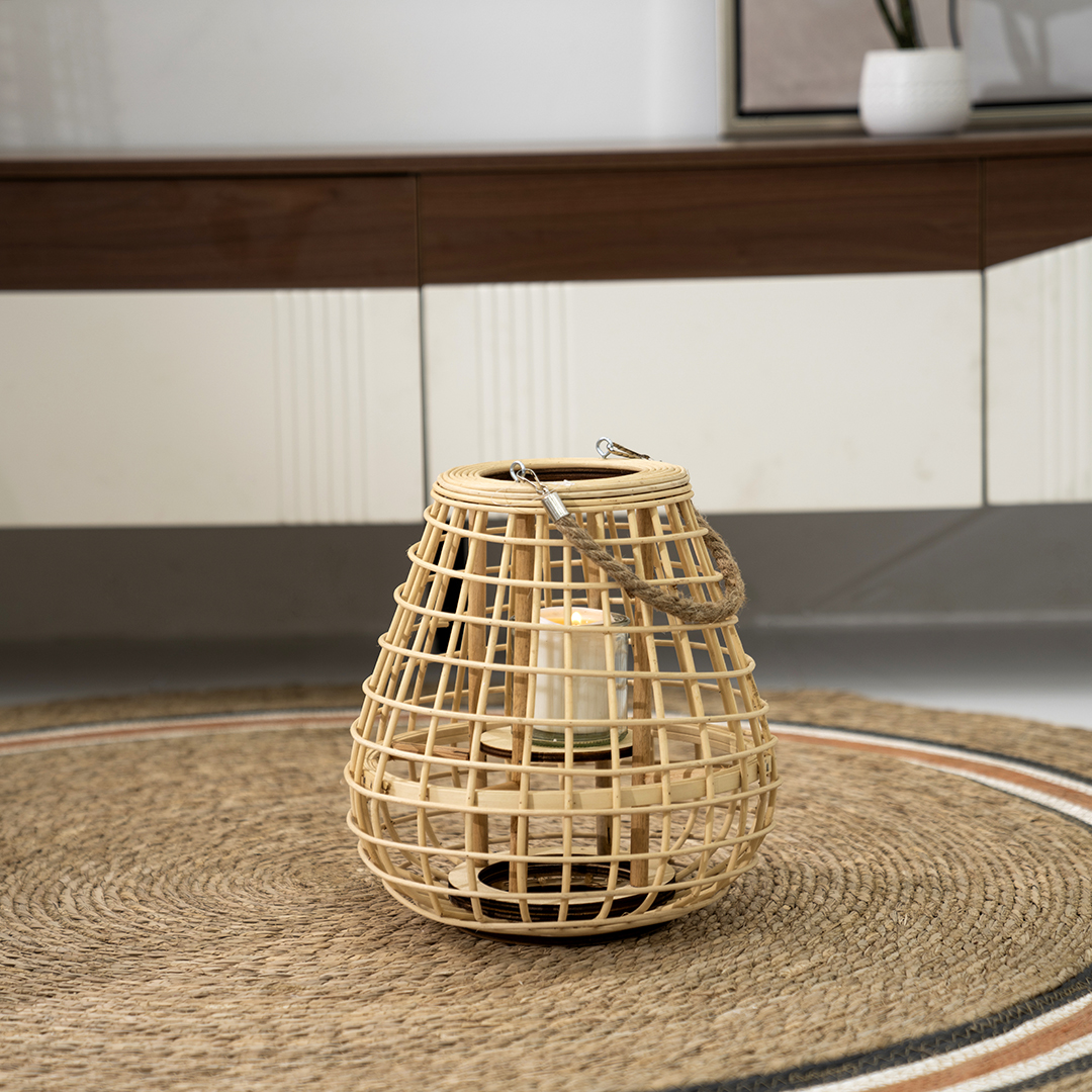 Lorenz rattan bamboo lantern with glass votive 16.5x28x30cm
