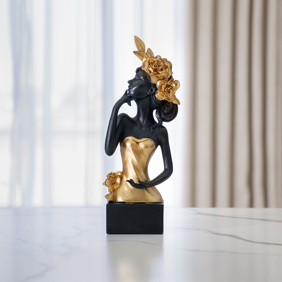 Rayn polyresin black and gold thinking lady accent 16.5*11.5*42CM