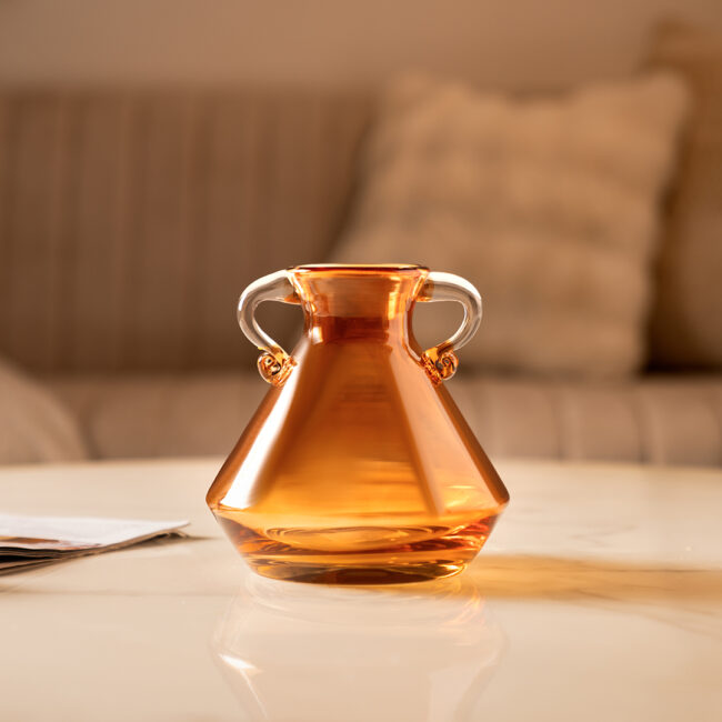 Buy Ruse Buy Ruse glass amber texture handle vase 16x16x15.5 cm | THE HOME UAE