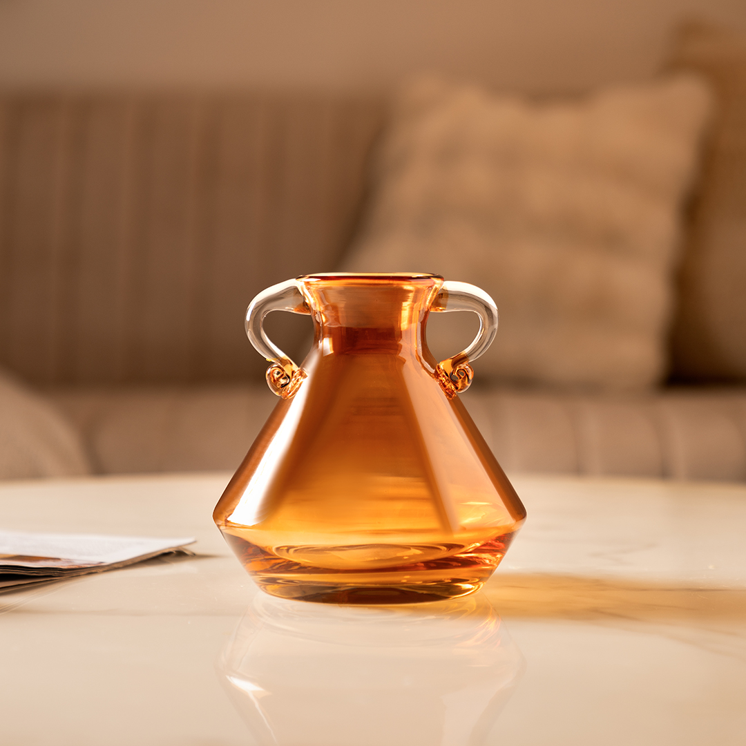 Ruse glass amber texture handle vase 16x16x15.5 cm