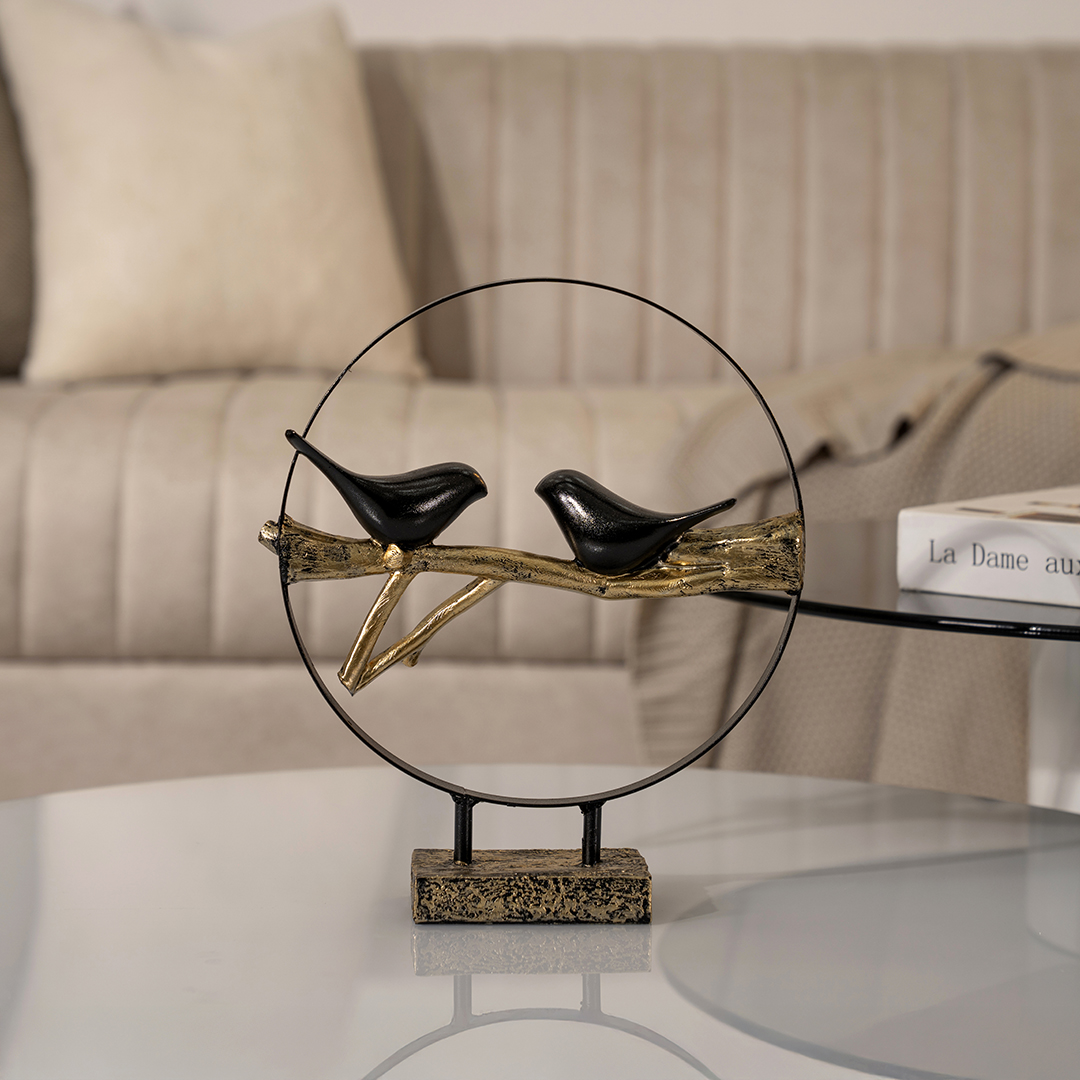 Verdant Polyresin black and gold Birds in Metal Ring 25.8×7.3x28cm