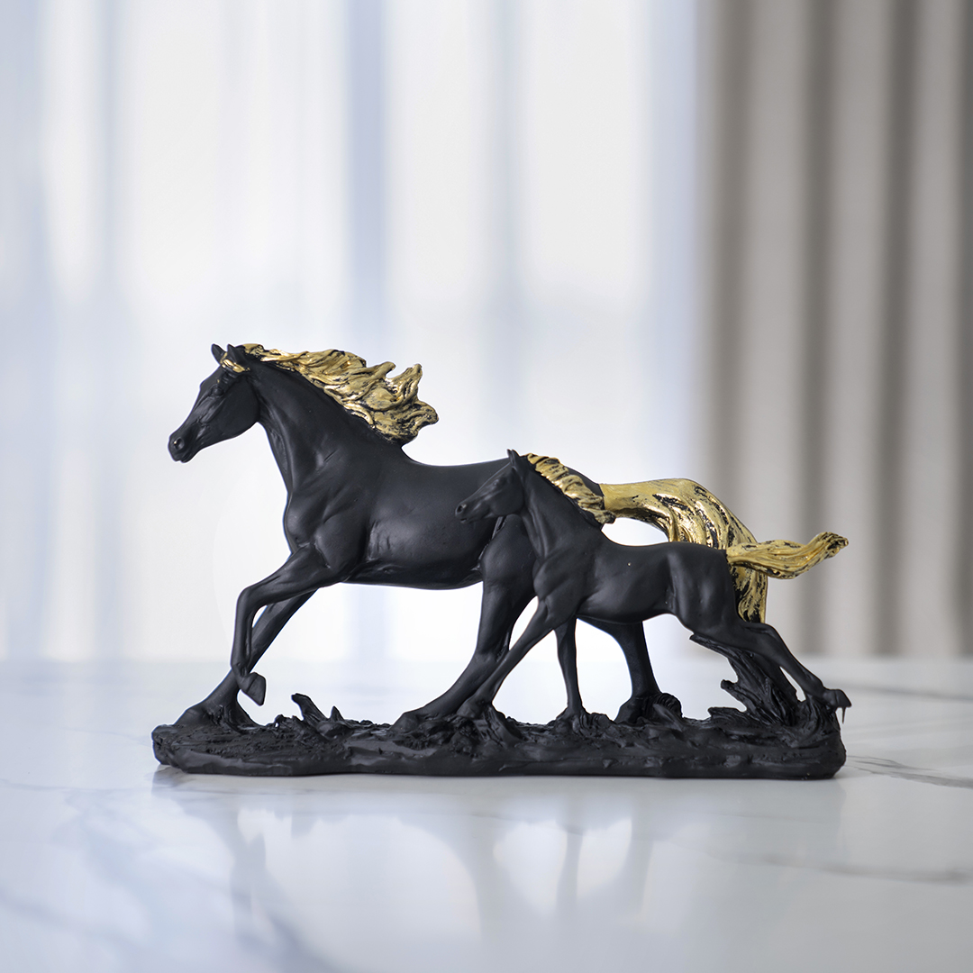 Verdant Polyresin black and gold running horses 27.3x8x16.3cm