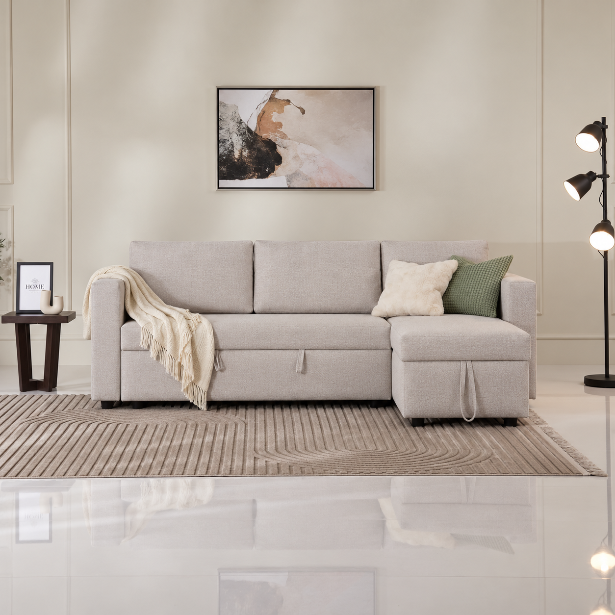 Stella Corner Sofa Bed With Storage-Light Beige