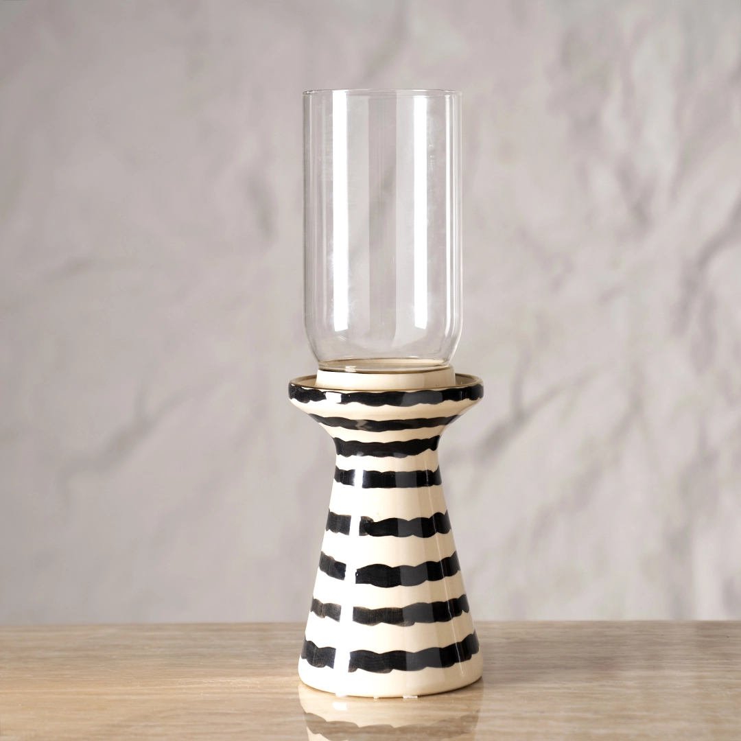 Auric Ceramic Candle Holder Cream/Black 12.5×12.5×35.5Cm