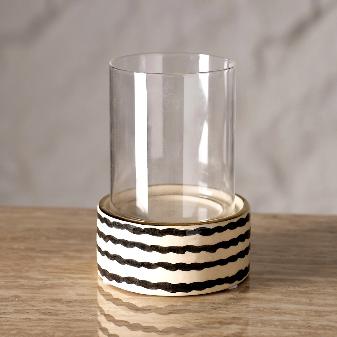 Auric Ceramic Candle Holder Cream/Black 13x13x18.5Cm