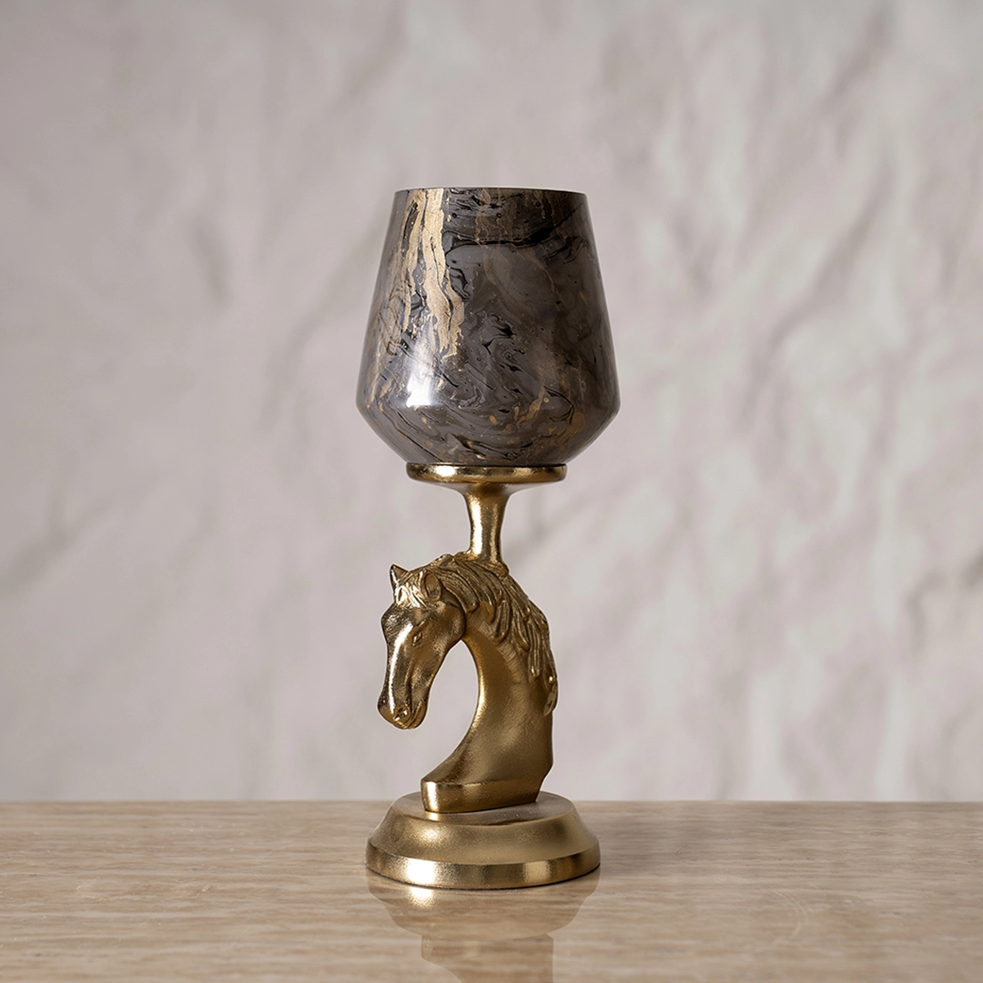 Galiora Horse Pillar Candle Holder Small Gold & Grey12X12X31Cm