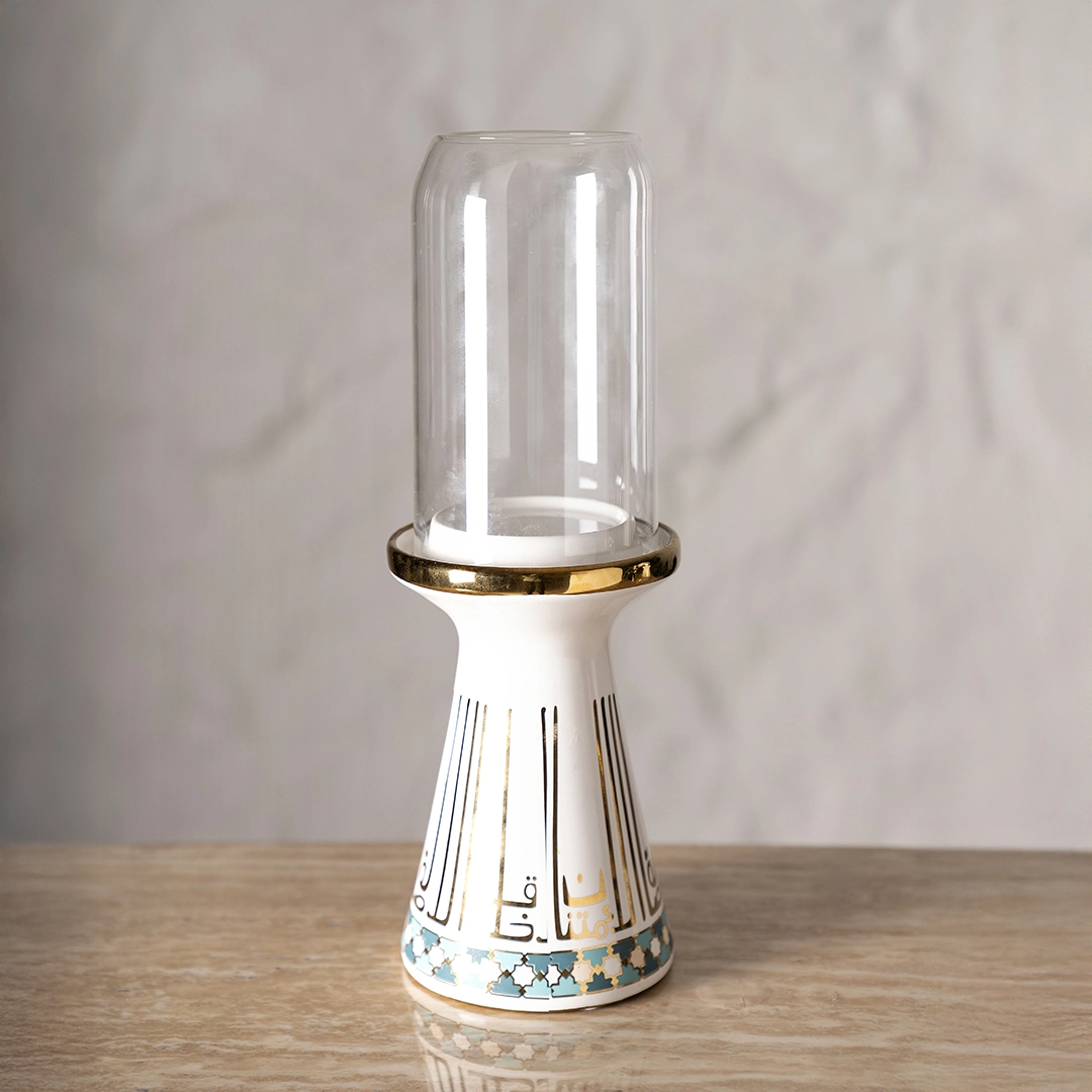 Taliah Ceramic Candle Holder White/Gold 12.5×12.5×35.3Cm