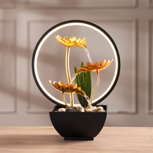Rivulet Lotus Flower Metal Indoor Fountain With Ring LED Gold 22X13X28Cm