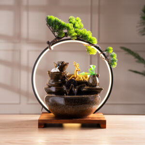 Rivulet Water Wheel Ceramic Indoor Fountain With Crystal Ball & Ring LED Brown 40X27X45Cm