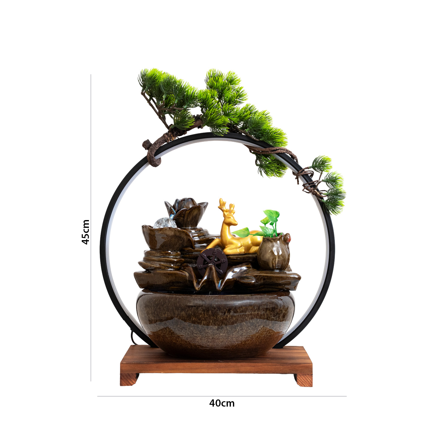 Rivulet Water Wheel Ceramic Indoor Fountain With Crystal Ball & Ring LED Brown 40X27X45Cm - Image 2
