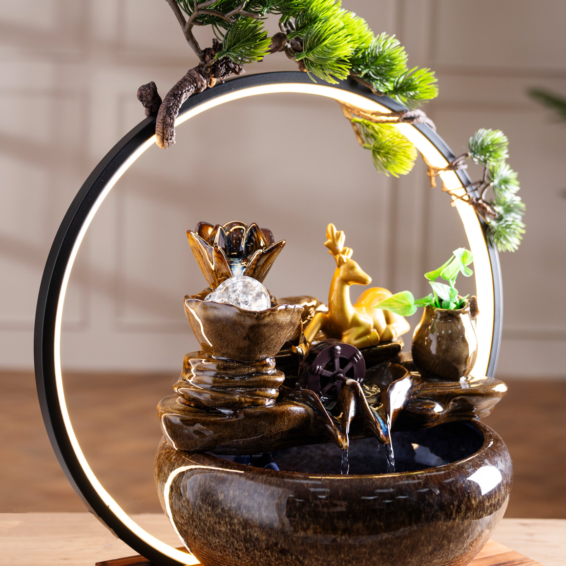 Rivulet Water Wheel Ceramic Indoor Fountain With Crystal Ball & Ring LED Brown 40X27X45Cm - Image 4