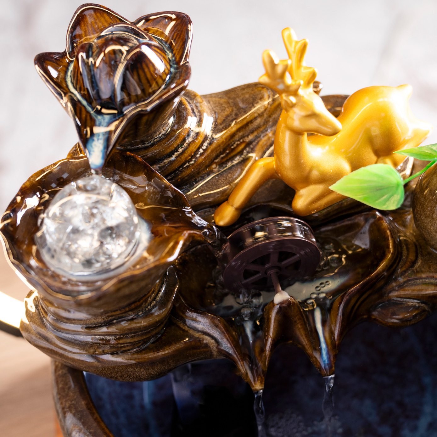 Rivulet Water Wheel Ceramic Indoor Fountain With Crystal Ball & Ring LED Brown 40X27X45Cm - Image 5