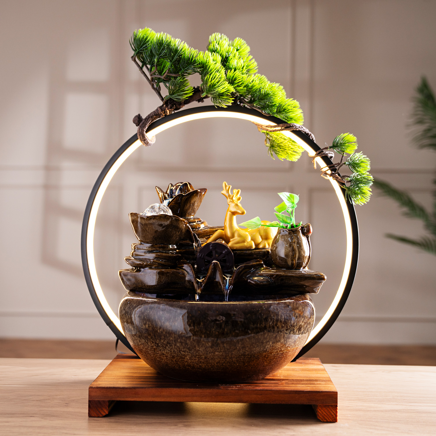 Rivulet Water Wheel Ceramic Indoor Fountain With Crystal Ball & Ring LED Brown 40X27X45Cm - Image 6