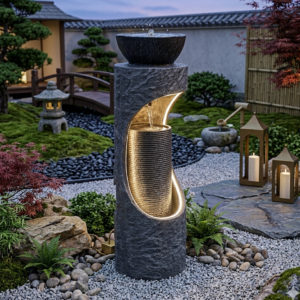 Serene Illuminated Pillar Outdoor Fountain Grey 30x30x102Cm