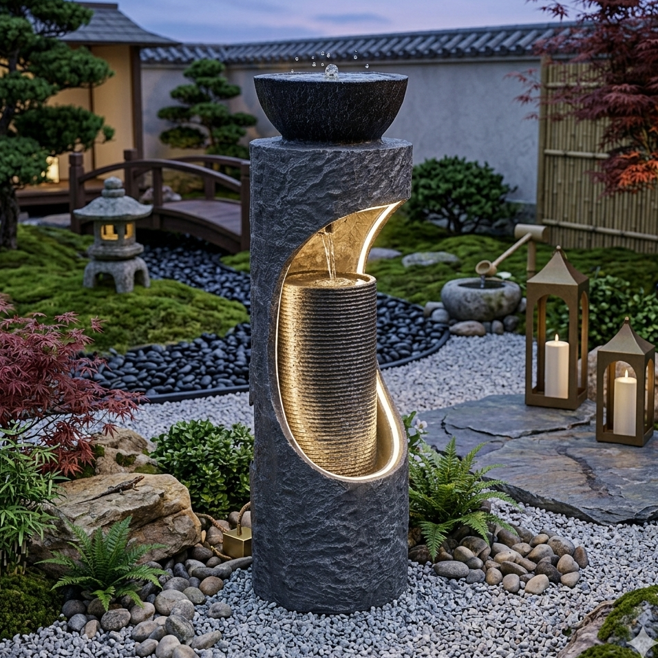 Serene Illuminated Pillar Outdoor Fountain Grey 30x30x102Cm