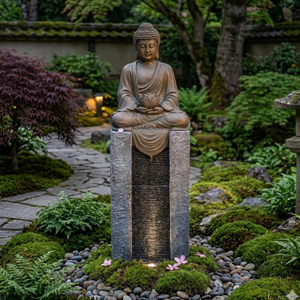 Serene Meditating Buddha Outdoor Waterfall Fountain Grey 32x25x108Cm
