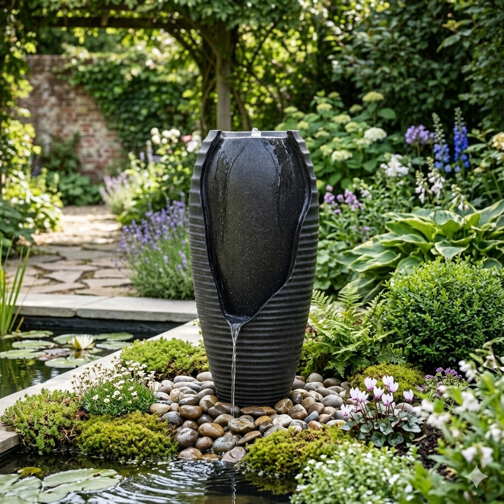 Serene Tall Textured Urn Outdoor Fountain Black 37x34x82Cm
