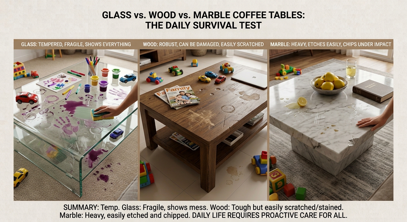 Glass, Wood or Marble Coffee Table: What Survives Daily Use